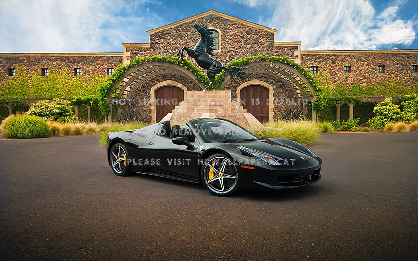 ferrari cabriolet at villa black car statue, villa and car HD wallpaper