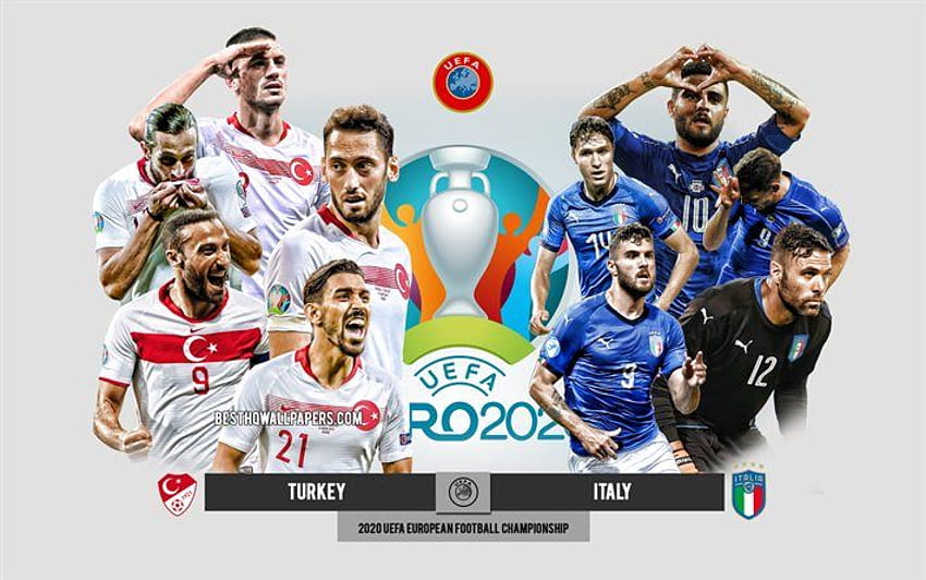 トルコ対イタリア、UEFA ユーロ 2020、プレビュー、販促資料、サッカー選手、ユーロ 2020、サッカーの試合、イタリア代表サッカー チーム、トルコ代表サッカー チーム . 高画質の壁紙
