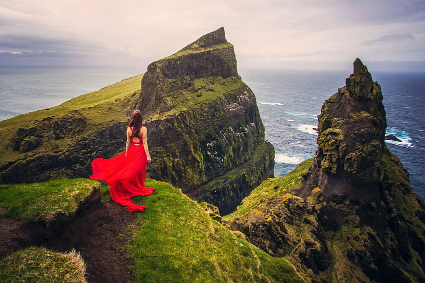 Women Rear Stone Horizon Woman Girl Red Dress Mountain Cliff Ocean, women ocean HD wallpaper