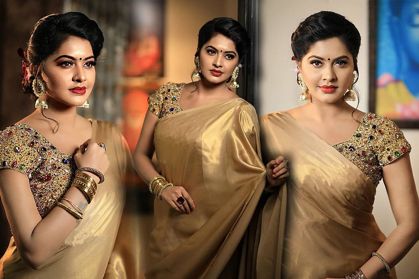 Attrice Rachitha Dinesh Beautiful Golden Saree Stills, attrice seriale rachita da vicino Sfondo HD