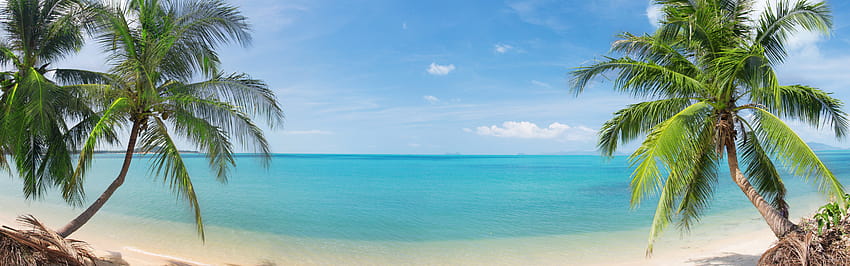 sand, sea, the sky, clouds, landscape, nature, tropical beach panorama HD wallpaper