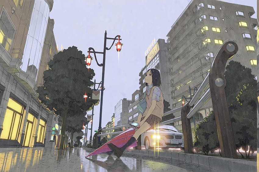 : city, street, anime girls, building, rain, umbrella, alone, town, metropolis, waiting, tree, facade, recreation, schoolgirls, 1500x998 px 1500x998 HD wallpaper
