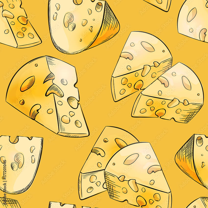 Cheese slices seamless pattern in cartoon style for game design, covering, wrapping and for interior of food restaurant. Big pieces of maasdam or swiss type dairy product with holes. Yellow Stock HD phone wallpaper