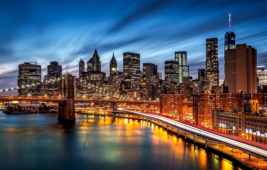 път, нощ, градът, светлини, река, сграда, Ню Йорк, небостъргачи, вечерта, подсветка, сенки, САЩ, Бруклинския мост, Бруклин, Манхатън, Ню Йорк, раздел город, Бруклинския мост през нощта HD тапет