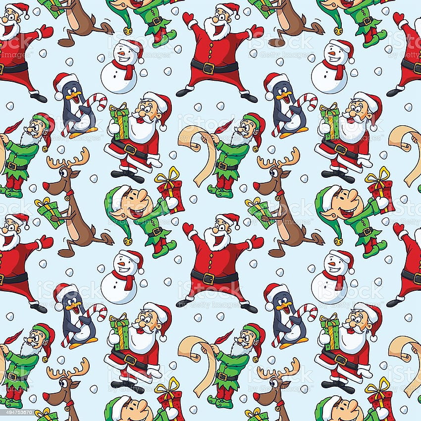 Christmas Cartoon Characters Seamless Vector Pattern Stock Illustration ...