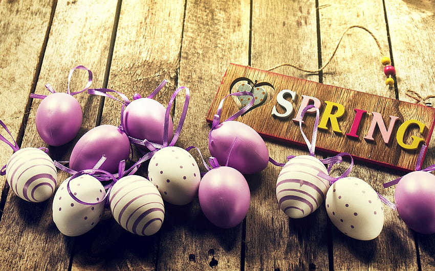 Purple easter eggs, spring, wooden background, Easter, painted eggs with resolution 2560x1600. High Quality, easter purple HD wallpaper