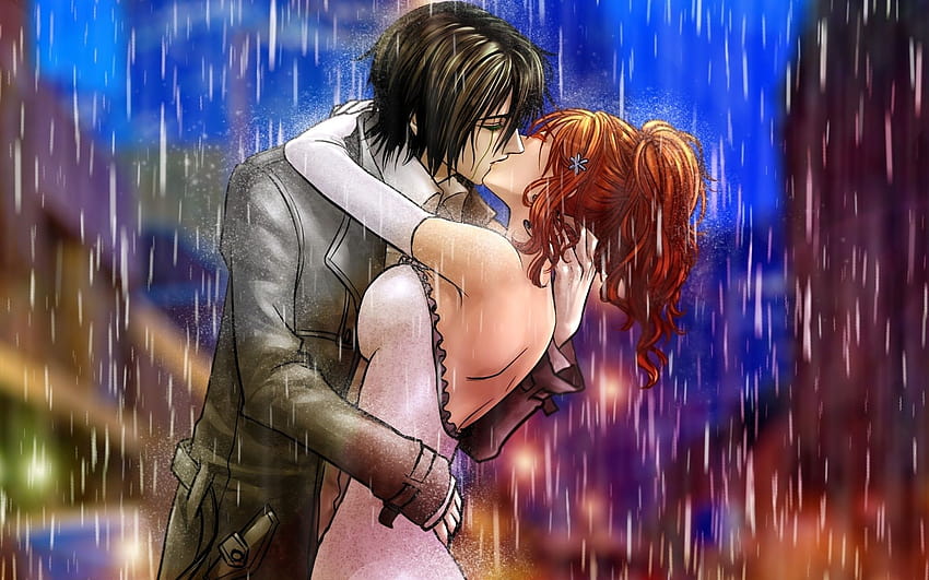 ロマンチックな愛、アニメの女の子と男の子の漫画のキス 高画質の壁紙