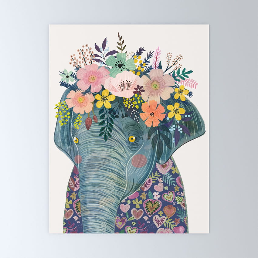머리에 꽃을 든 코끼리 miacharro의 미니 아트 프린트, 코끼리 봄 꽃 HD 전화 배경 화면