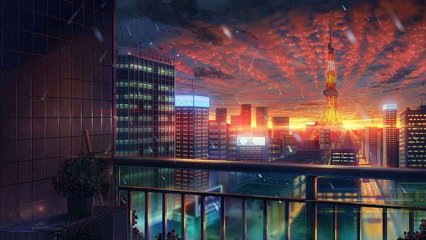 Buildings, Anime City, Sunset, Tokyo Tower, Clouds, anime city sunset HD wallpaper