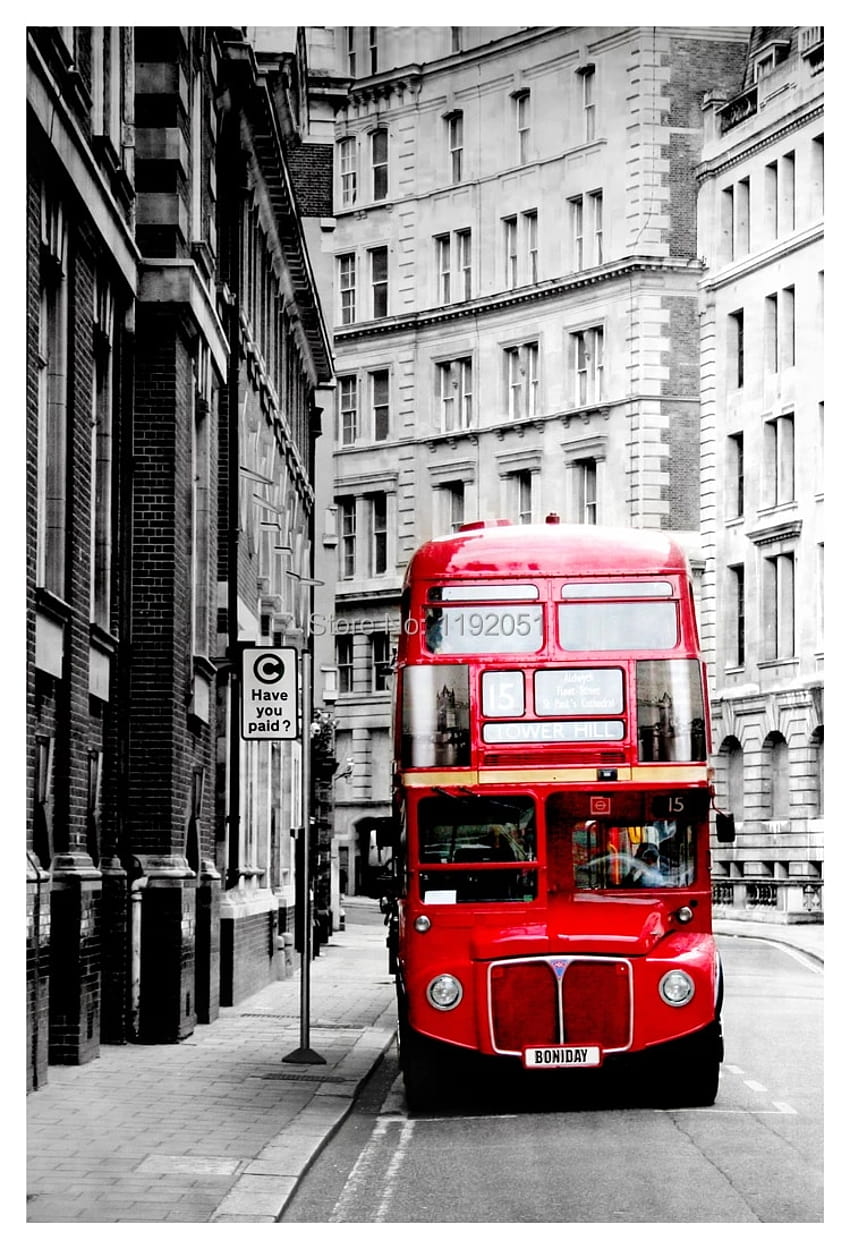 Schwarz-Weiß-Gemälde, rahmenloses Gemälde, Londoner roter Bus, Wandgemälde, Leinwand, Heimdekoration HD-Handy-Hintergrundbild