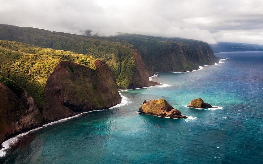 nature, Landscape, Coast, Cliff, Island, Sea, Clouds, Mountain, Kauai, Aerial View / and Mobile Backgrounds, coastline mountain sea clouds HD wallpaper