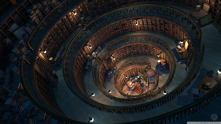 Fantasy Library Bookshelves Circle Tower HD wallpaper