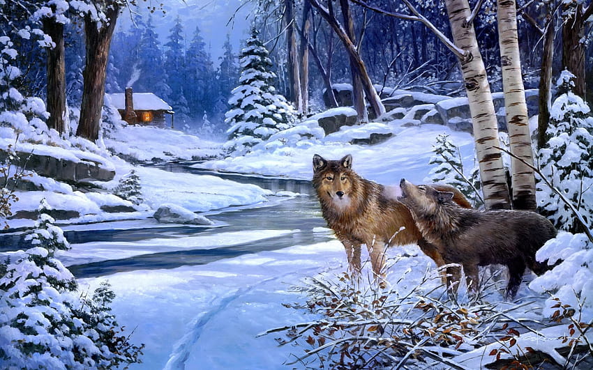 Wolves wolf art paintings landscapes winter snow rivers cabin houses rustic trees forest woods, rustic winter trees HD wallpaper