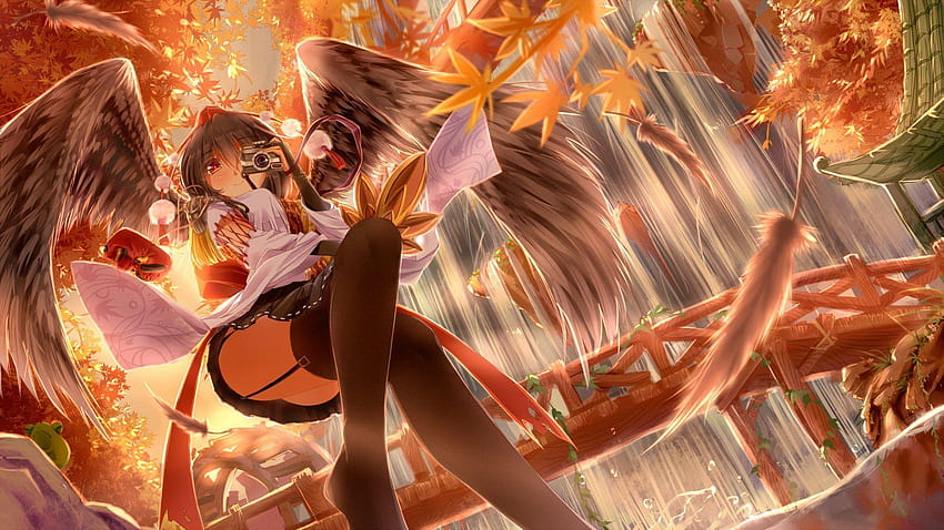 Anime Touhou Aya Shameimaru Mädchen Flügel Feder Lächeln Blatt Langes Haar HD-Hintergrundbild