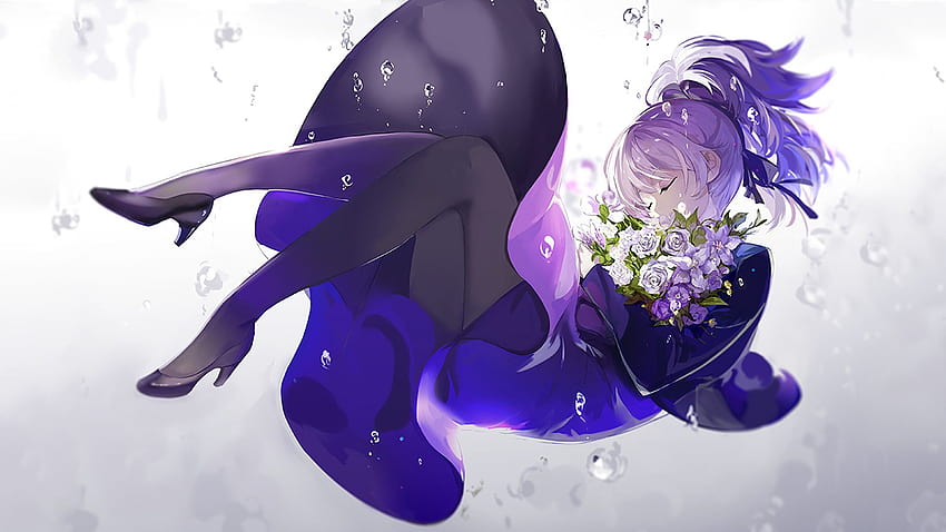 anime, Anime Girls, Purple Hair, Purple Dresses, Black Heels, Heels, Pantyhose, Flowers, Bouquets, Purple, Darker Than Black, Yin / and Mobile Backgrounds, dark purple anime HD wallpaper