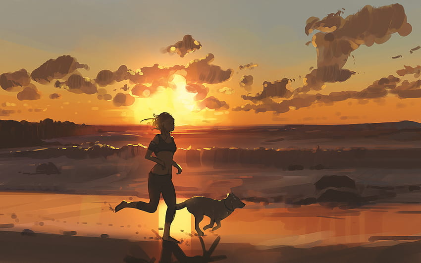 Karya Seni Ilustrasi Seni Digital Wanita Sunset Dog Beach Running Jogging Wallpaper HD