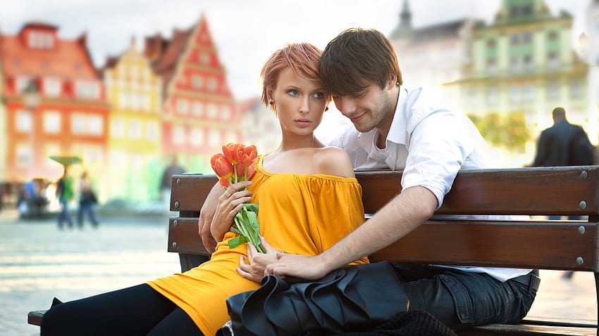: people, sitting, bench, couple, Person, date, boy, child, girl, bouquet, interaction 1920x1080, couples sitting HD wallpaper