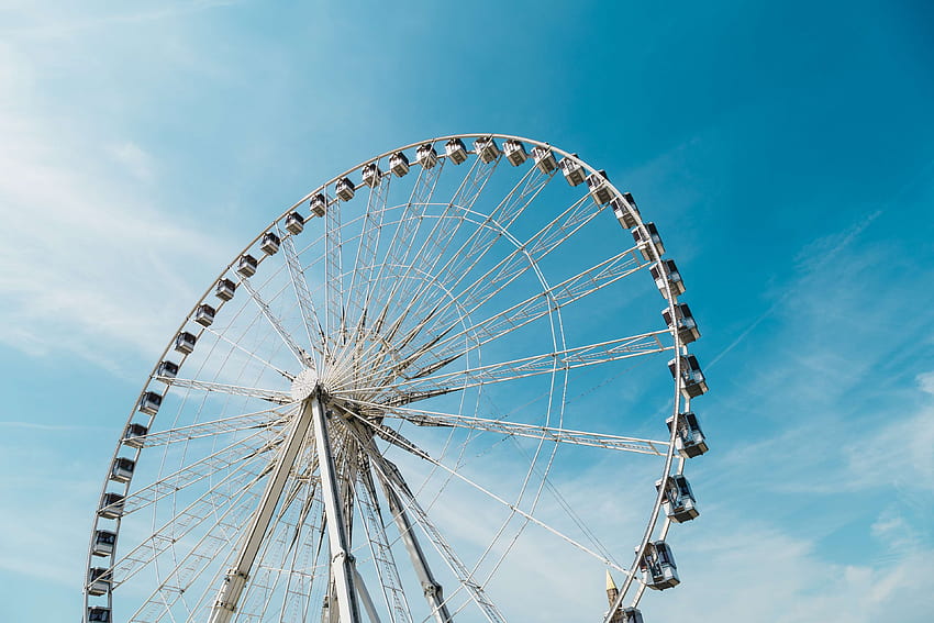 3075202 / amusement park, blue sky, bright, carnival, clouds, daylight, entertainment, fairground, ferris wheel, fun, height, high, leisure, low angle shot, outdoors, round, sky, spin, turning, wheel, spin wheel HD wallpaper