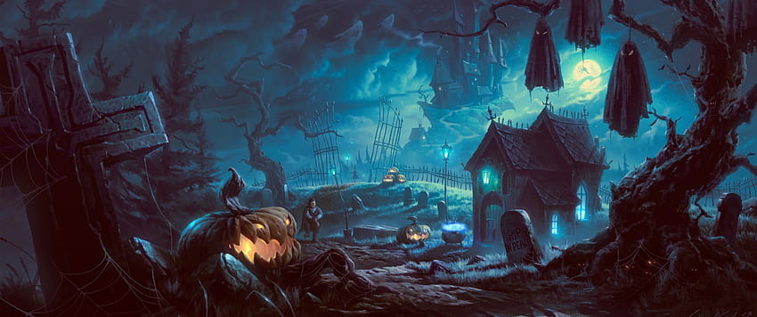 3440x1440 Halloween, Cmentarz, Dynie, Wampir, Opuszczony, halloweenowy wampir Tapeta HD