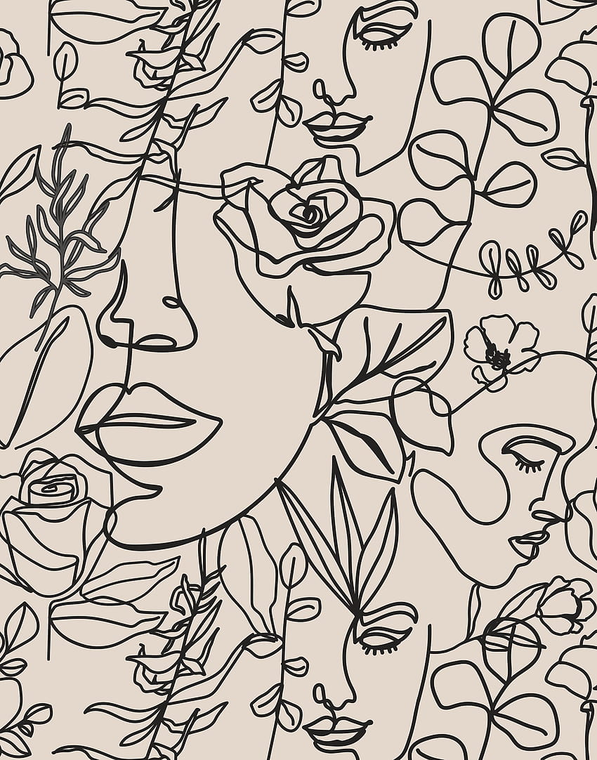 Arte de linha de cabeça de flores, impressão de arte de rosto de linha única, impressão de mulher de flor, cabeça de flor uma linha, desenho de rosto de mulher, impressão de parede neutra, flores de linha feminina Papel de parede de celular HD