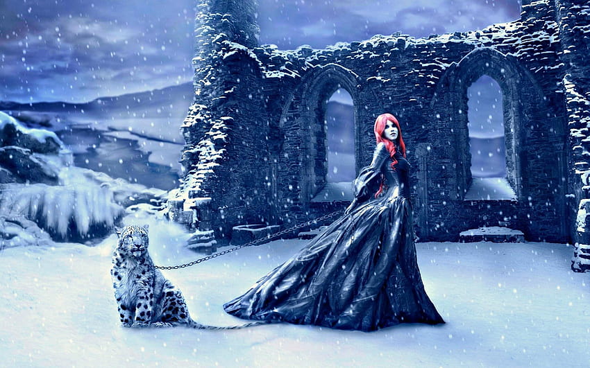 artwork, Fantasy Art, Women, Redhead, Dress, Selective Coloring, Leopard, Snow Leopards, Snow, Winter, Ruin, Ruins / and Mobile Backgrounds, snowy winter art HD wallpaper