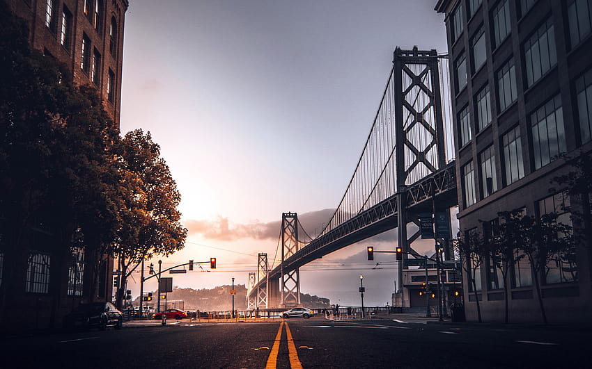 Golden Gate Köprüsü, yol, San Francisco, sokak, amerikan şehirleri, Kaliforniya, San Francisco Şehri, Gün batımı, ABD, köprüler, California Şehirleri, Amerika, San Francisco akşamları çözünürlük 2880x1800, amerikan caddesi HD duvar kağıdı