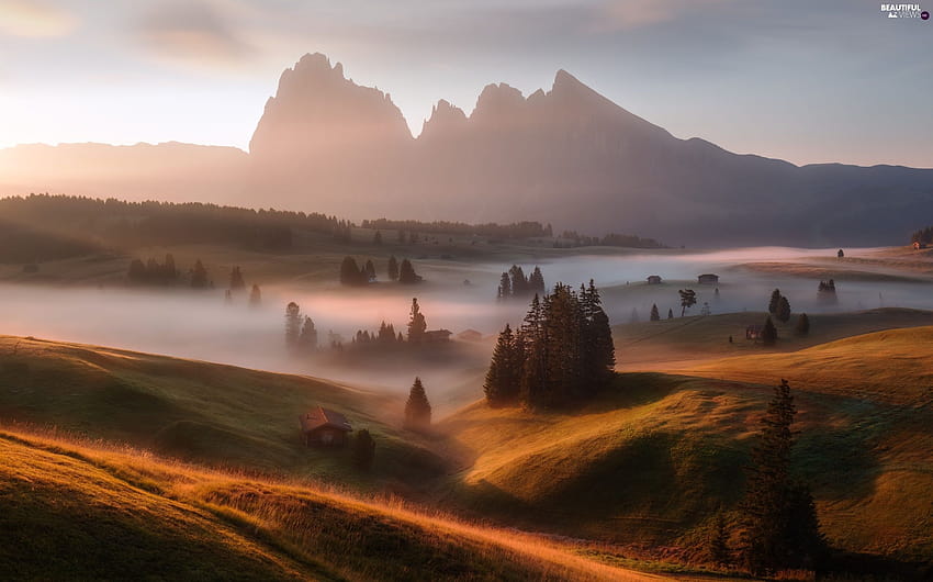 Sassolungo Mountains, Italy, autumn, Dolomites, Houses, Val Gardena Valley, Seiser Alm Meadow, Fog, autumn dolomites italy HD wallpaper