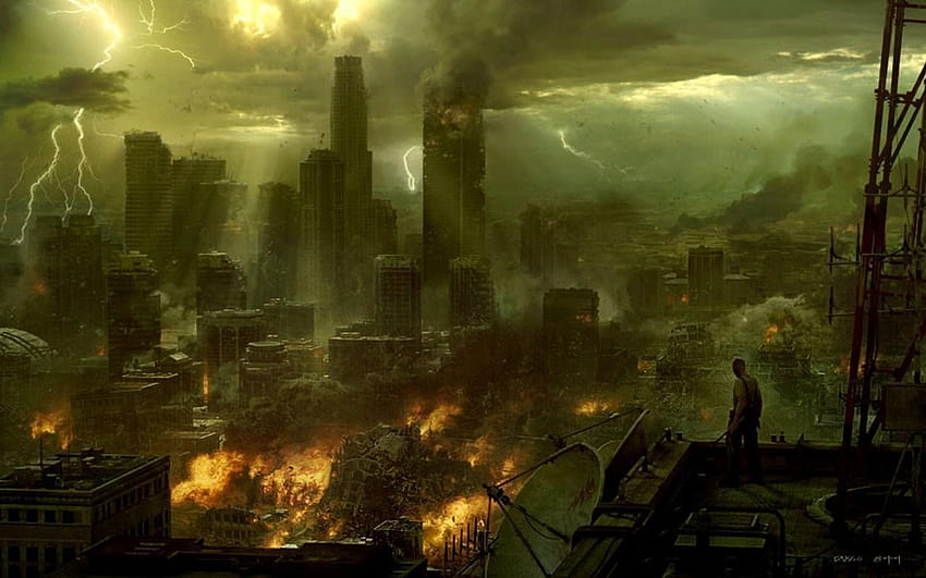 destroyed city, burning city HD wallpaper