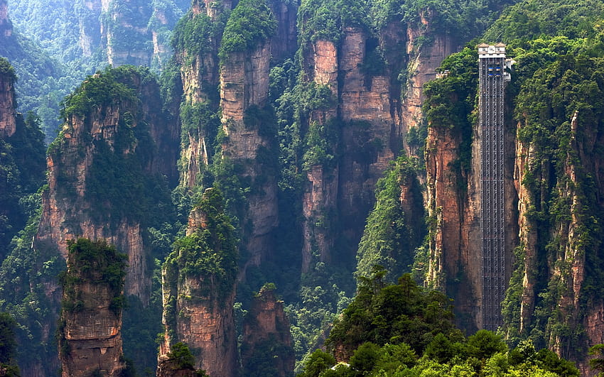 Paisaje natural de Zhangjiajie, China, acantilados, montañas, ascensor turístico 1920x1200 fondo de pantalla