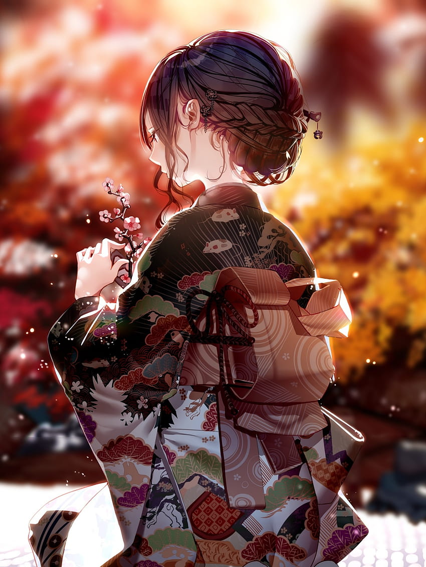 1536x2048 Anime Girl, roupas japonesas, quimono, outono, paisagem, vista traseira para Apple iPad Mini, Apple IPad 3,4, roupas de outono para meninas Papel de parede de celular HD