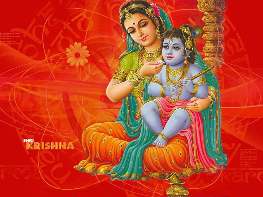 Maa Yashoda Любящо бебе, илюстрация на Шри Кришна Бог Кришна HD тапет
