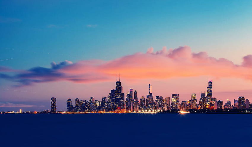 USA Illinois Chicago Lake Michigan endurance evening sunset, pink ...