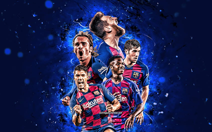 Lionel Messi, Luis Suarez, Antoine Griezmann, Sergi Roberto, Ansu Fati, Barcelona FC, นักฟุตบอล, FCB, ดาราฟุตบอล, La Liga, LaLiga, ทีมบาร์เซโลนา, แสงนีออน, Barca, ฟุตบอลที่มีความละเอียด, เมสซีและซัวเรซ วอลล์เปเปอร์ HD