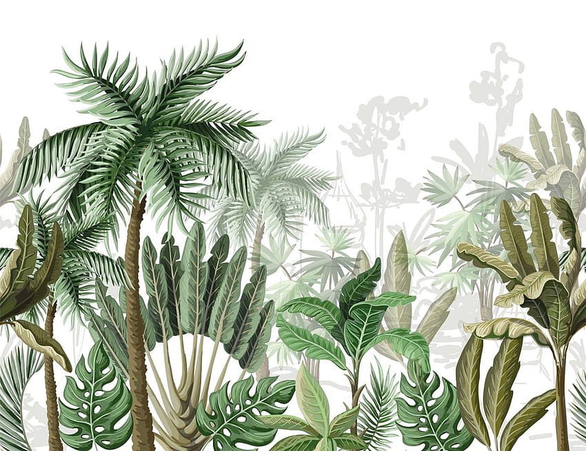 Mural tropical de dibujos animados de palmeras y hojas de plátano, hojas de palmeras fondo de pantalla