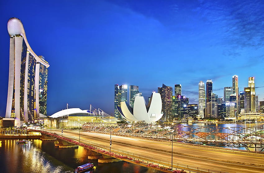 Сингапур Марина Бей Сандс Мостове Пътища Нощ Градове, Марина Бей Сандс нощ HD тапет