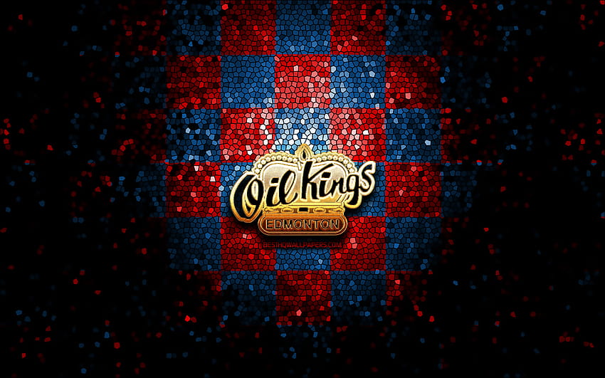 Edmonton Oil Kings, glitter logo, WHL, red blue checkered background, hockey, canadian hockey team, Edmonton Oil Kings logo, mosaic art, canadian hockey league with resolution 2880x1800. High Quality HD wallpaper