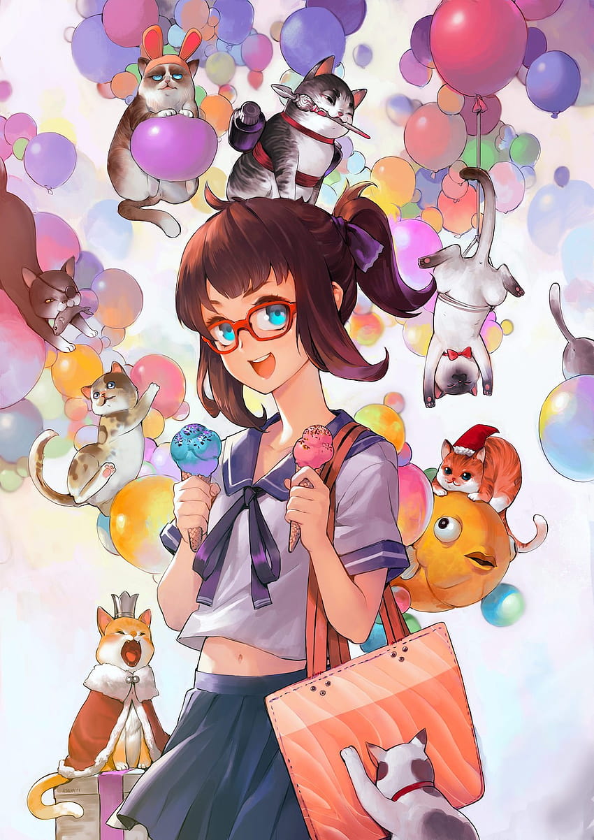 : illustration, cat, anime girls, cartoon, school uniform, original characters, ice cream, balloon, Toy, play, mangaka 1131x1600 HD phone wallpaper