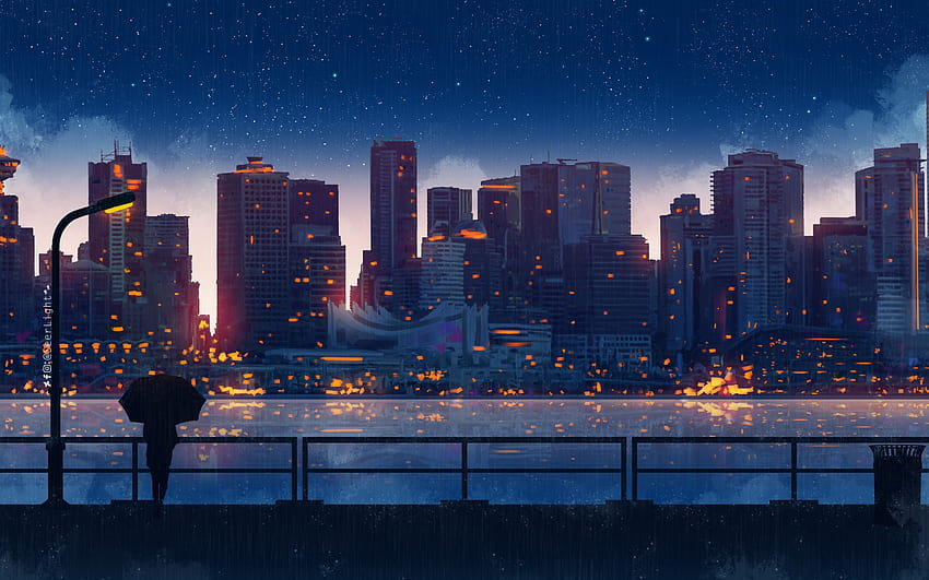 2880x1800 アニメ 街の明かり 夜 雨 傘 空 Macbook Pro 網膜、背景、および 高画質の壁紙