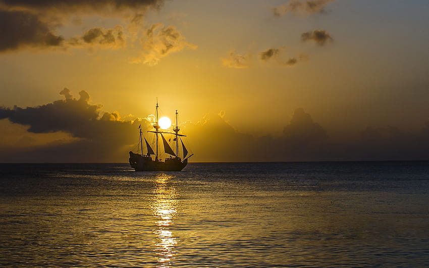 Gold Sunset Ocean Old Pirate Ship With Sail Sky Ultra モバイルおよびコンピューター用 3840×2400 …, 海賊コンピューター 高画質の壁紙