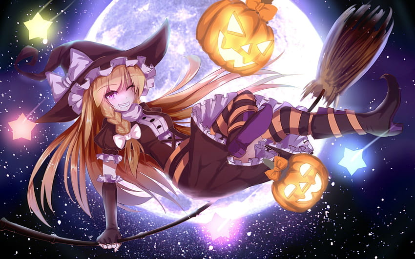 2805307 / anime touhou halloween kirisame marisa blonde pumpkin anime girls witch stars moon stockings night, halloween cute girls HD wallpaper