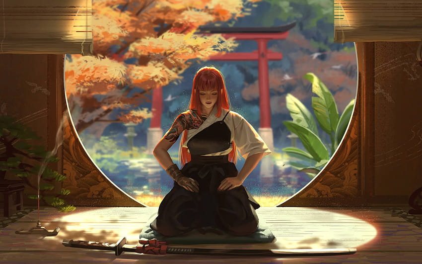 Asian Warrior Samurai Girl, медитативно аниме HD тапет