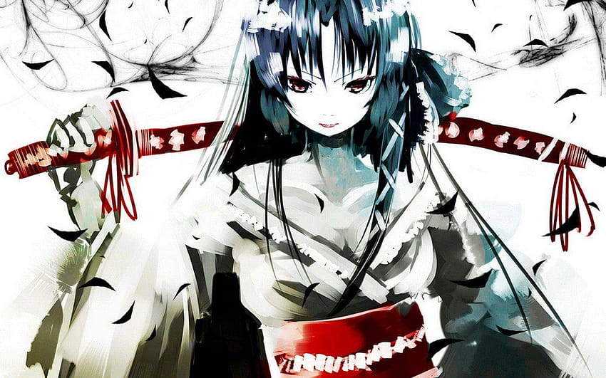 Katana, Dekolleté, Lang, Haare, Waffen, Kimono, Rot, Augen, Klein, Anime-Mädchen-Kimono und Waffe HD-Hintergrundbild