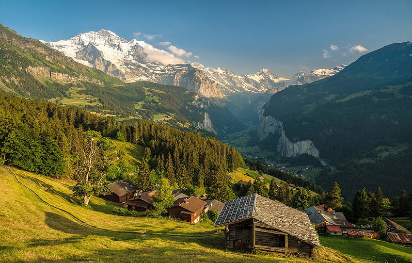 forest, the sky, the sun, trees, mountains, rocks, Switzerland, valley, slope, panorama, houses, gorge, the view from the top, Wengen , section пейзажи HD wallpaper