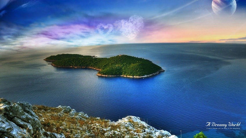 Плажове: Dreamy World Hearts Blue Sky Water Romantic Fantasy, island green HD тапет