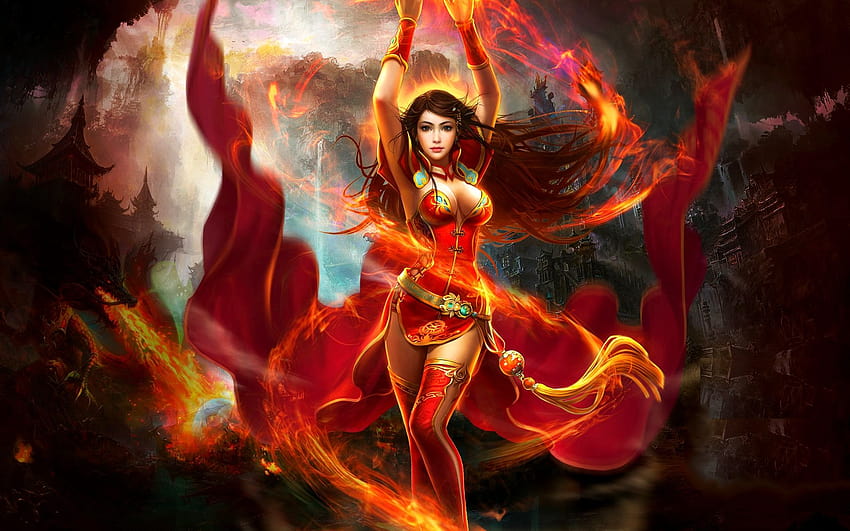 fantasy mage female, fire mage HD wallpaper