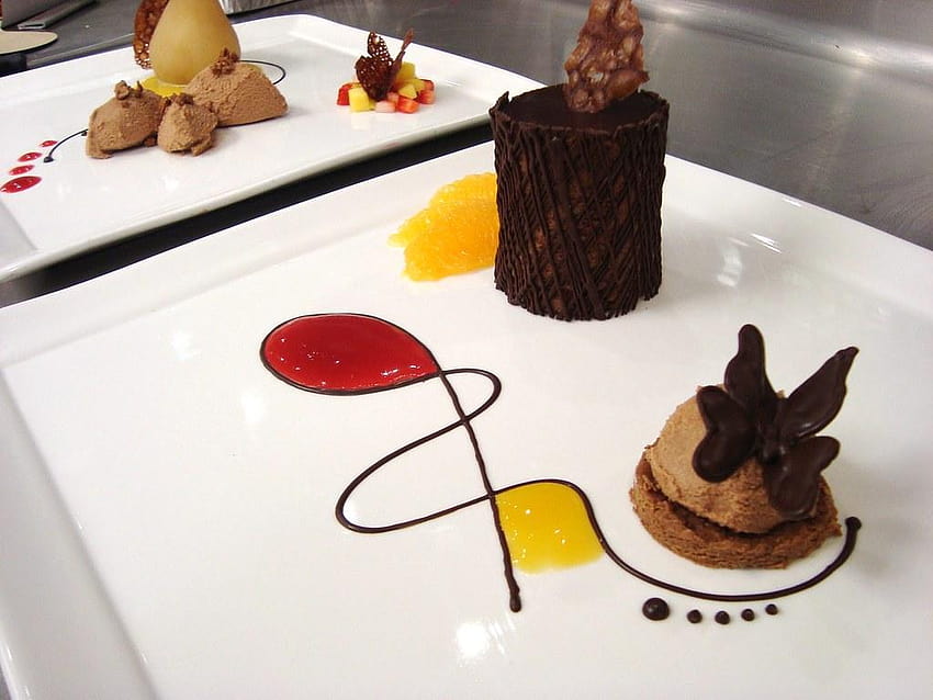 Chocolate Marquis plating, plated desserts HD wallpaper