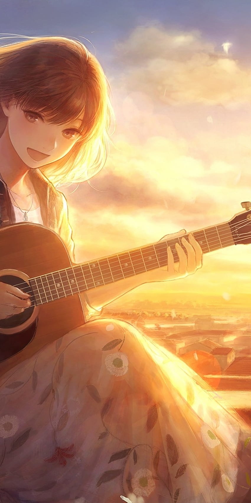 1080x2160 Anime Girl, Chant, Lumière du soleil, Guitare, Instrument, Fleurs, Vent, Pétales, Chat, Scénique pour Huawei Mate 10, chant d'anime Fond d'écran de téléphone HD