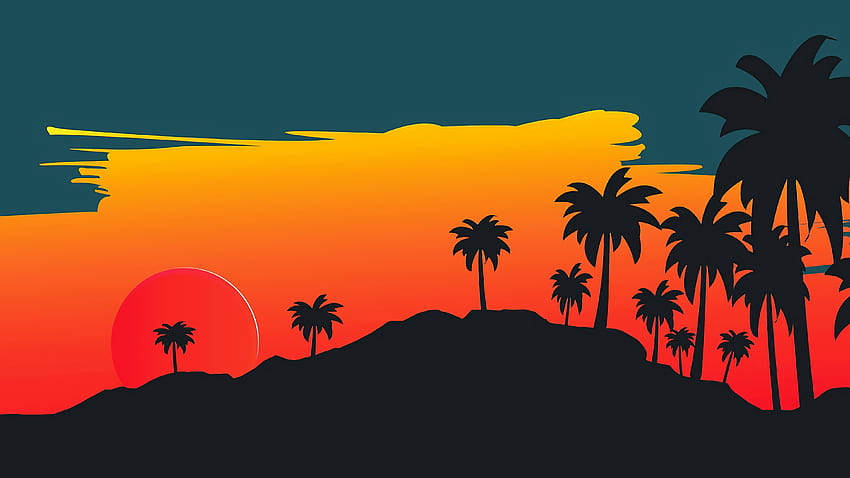 Matahari terbenam, Minimal, Gelap, CGI, Alam, matahari terbenam merah yang menakjubkan Wallpaper HD