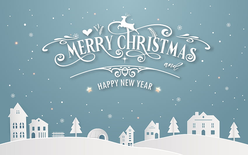 Merry Christmas and Happy New Year of snowy home town with typography font message backgrounds winter blue pastel color. Paper art and digital craft Illustration vector celebrate invitation card theme, happy new year snow HD wallpaper