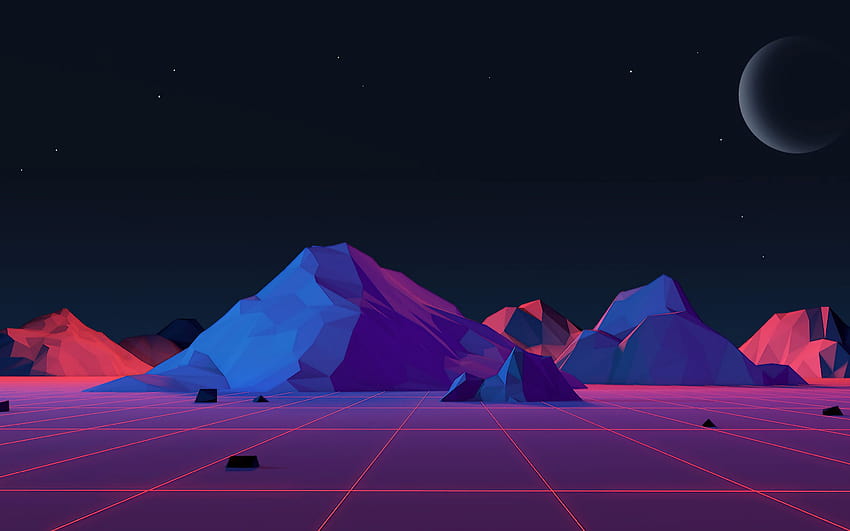 Berge, isometrische Landschaft, Nachtlandschaft, 3D-Landschaften, Polygone mit einer Auflösung von 2880x1800. Hohe Qualität HD-Hintergrundbild